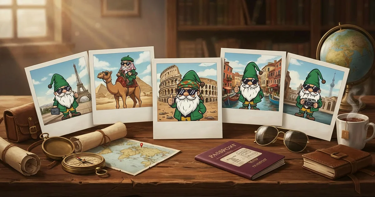 A traveling gnome visiting iconic destinations around the world, from the Eiffel Tower to the Pyramids, the Colosseum, and Venice.